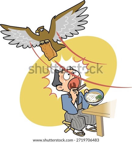 This is an illustration of the proverb "A buzzard snatches away my fried tofu."
The buzzard has snatched my fried tofu by surprise.