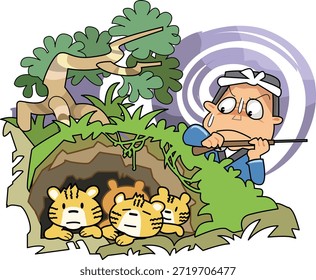 This is an illustration of the proverb "If you don't enter the tiger's den, you won't catch the tiger cub."
You can't get a chance unless you enter a dangerous place.