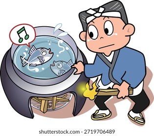 Esta es una ilustración del proverbio "Como un pez jugando en una tetera".
Los peces están nadando al azar, sin darse cuenta de que están en una tetera.