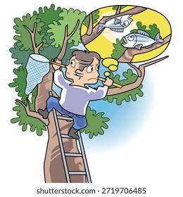 Dies ist ein Beispiel für das Sprichwort "Suche nach Fisch auf Bäumen".
Es gibt keinen Fisch in Bäumen, aber die Person sucht nach Fisch in Bäumen.