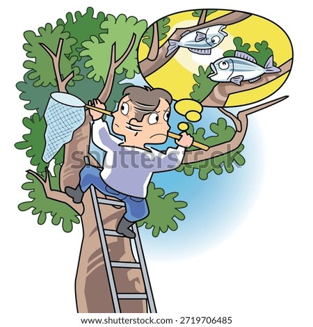 This is an illustration of the proverb "Looking for fish in trees."
There are no fish in trees, but the person is looking for fish in trees.