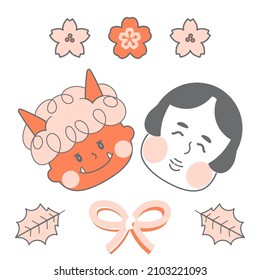 This is an illustration of the Red Devils and the Okame of Setsubun in Japan.