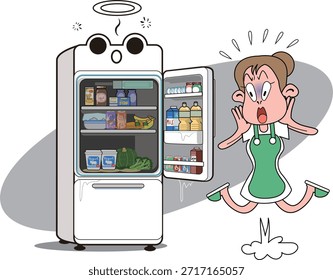 Esta es una ilustración de un refrigerador con una cara que ha perdido energía, evitando que se refrigere y que los alimentos se pudran.