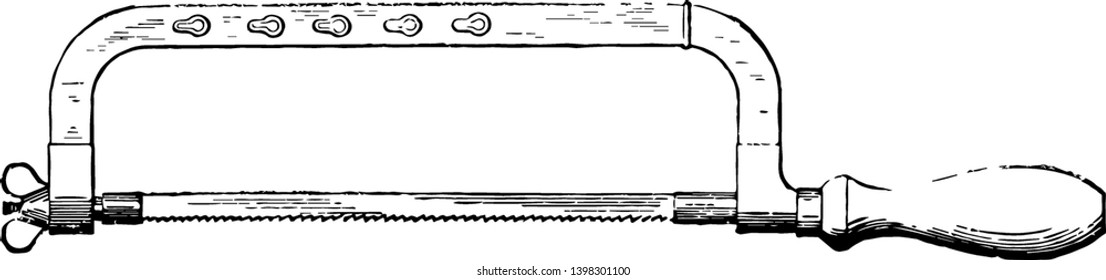 This illustration represents Adjustable Hacksaw Frame where use blades of various lengths, vintage line drawing or engraving illustration.
