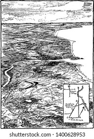 This illustration represents Aeroplane Flying Over Plane, vintage line drawing or engraving illustration.