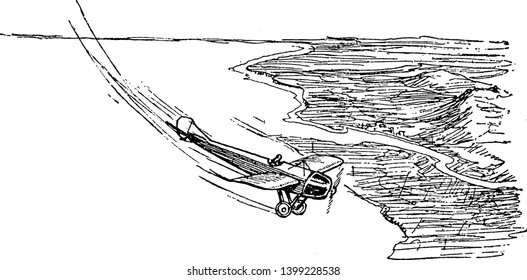 This illustration represents Airplane Sideslip Recovery Flying, vintage line drawing or engraving illustration.