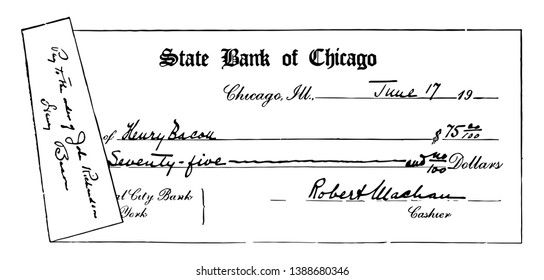 This illustration represents Bank Draft which is a check drawn by a bank and signed by at cashier, vintage line drawing or engraving illustration.