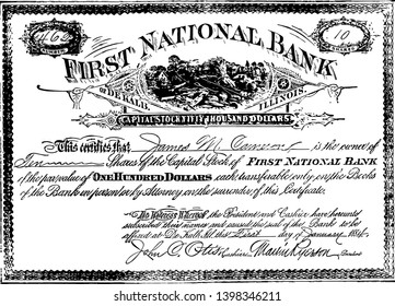 This illustration represents Bank Stock vintage line drawing or engraving illustration.