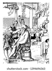 This illustration represents Barber Shop where a person cuts hair especially men and shaves or trims beards as an occupation, vintage line drawing or engraving illustration.