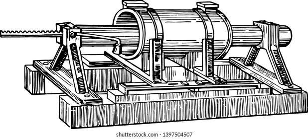 This illustration represents Boring Tool where boring is the process of enlarging a hole that has already been drilled by means of a single point vintage line drawing or engraving illustration.