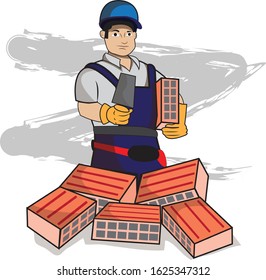 This illustration represents a bricklayer while holding a brick and a spatula with some bricks below.