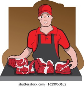 This illustration represents a butcher with working uniform presenting meat for sale.