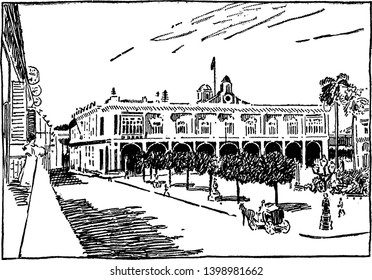 Esta ilustración representa el Palacio General del Capitán en La Habana, dibujo vintage o ilustración grabadora.