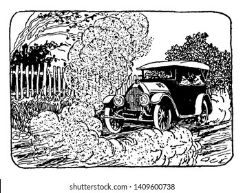 This illustration represents Car on Dry Dusty Street, vintage line drawing or engraving illustration.