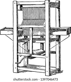 This illustration represents Cartwright First Power Loom which eased the process of constructing fabric vintage line drawing or engraving illustration.