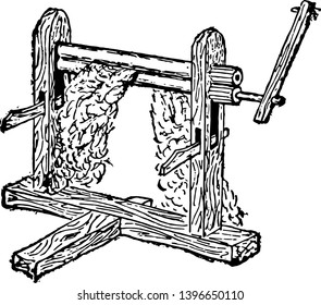 This illustration represents Churka Gin which is a machine that quickly and easily separates cotton fibers from their seeds, vintage line drawing or engraving illustration.