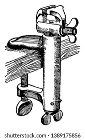 This illustration represents Clamped to Bench Hand Vise, vintage line drawing or engraving illustration.