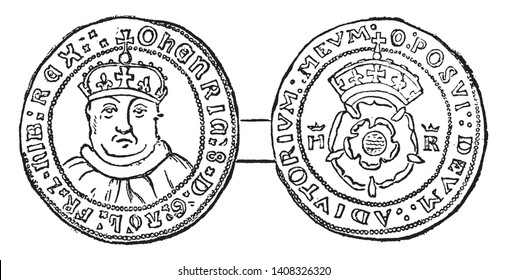 This illustration represents Coin of Henry VIII, vintage line drawing or engraving illustration.