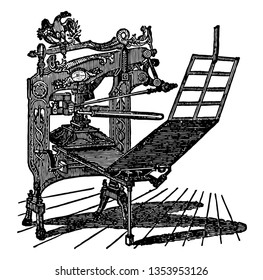This illustration represents Columbian Press which is used for printing vintage line drawing or engraving illustration.