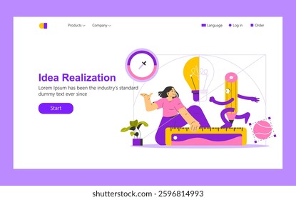 This illustration represents the concept of idea realization, showcasing a creative process where imagination meets structure. It features vibrant characters engaging with tools, symbolizing