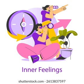 This illustration represents the concept of inner feelings, showcasing individuals exploring their emotions through thoughtful observation and reflection amid symbolic visual elements.