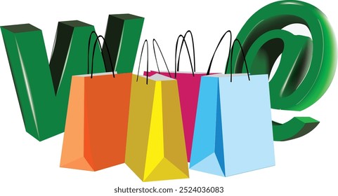 Esta ilustração representa o conceito de compras on-line com sacos de compras coloridos e símbolos da internet