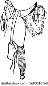 This illustration represents Cowboy Saddle which is a another type of riding saddle, vintage line drawing or engraving illustration.