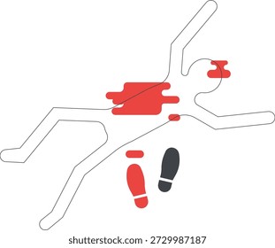 This illustration represents a crime scene with a chalk body outline on the ground, surrounded by blood splatters and footprints. It symbolizes a serious criminal incident and is commonly used in media, news, and fiction to depict murder investigations, forensic analysis, and law enforcement activity.