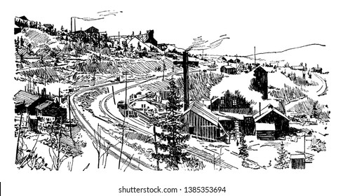 This illustration represents Cripple Creek Mine, vintage line drawing or engraving illustration.