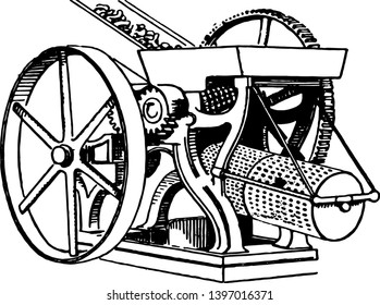 This illustration represents Cross Mill and Sieves which is used for straining solids from liquids, vintage line drawing or engraving illustration.