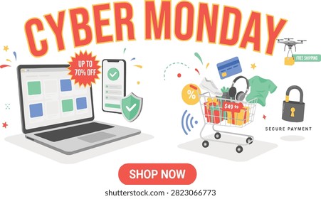 This illustration represents a Cyber Monday online shopping sale event.The graphic is a vector illustration often used for digital marketing and promotional banners.