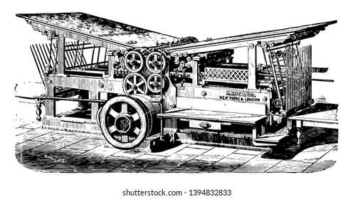 Esta ilustración representa la prensa de doble cilindro donde se construyó hasta 1900 dibujo de línea vintage o ilustración de grabado.