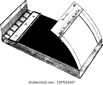 This illustration represents Duplicating Memorandum Book which consists of a U shaped frame comprised of two opposite sides, vintage line drawing or engraving illustration.