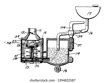 This illustration represents Engine Carburetor vintage line drawing or engraving illustration.