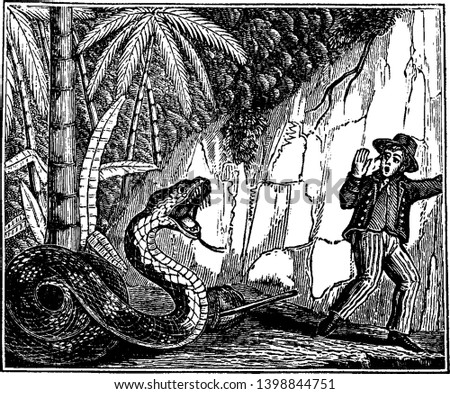 This illustration represents Escape from the Serpent of Ceylon, vintage line drawing or engraving illustration.