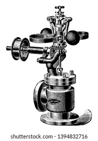 This illustration represents Exterior View of Waters Spring Governor which is used to regulate fuel by closing and opening the valves vintage line drawing or engraving illustration.