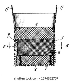 This illustration represents Feed Bag which referred to as a bucket bag vintage line drawing or engraving illustration.