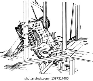 Diese Illustration stellt die Futtermaschine dar, die für die Zuführung und das Schieben eines Materials mit einer sehr konsistenten Vintage-Linie Zeichnung oder Gravur angepasst wurde.