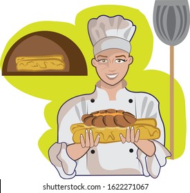 This illustration represents a female baker while offering some bread. In the background there is s a wood oven and a baker's showel.