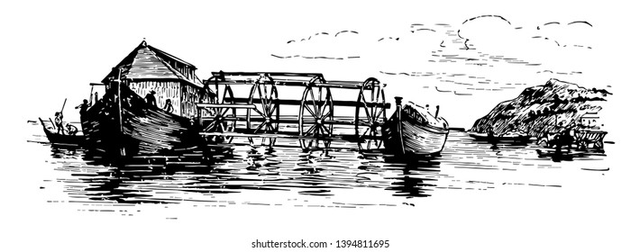This illustration represents Floating Flour Mill where flour mill is located on a body of water vintage line drawing or engraving illustration.