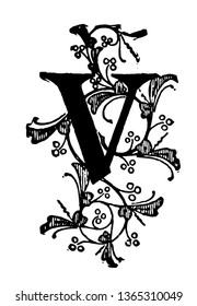 Diese Illustration repräsentiert die florale Initiale von V, die Capital, Vintage Linie Zeichnung oder Gravitation Illustration ist.