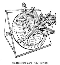 Esta ilustración representa la Máquina de Medición de Gill para dibujo de línea vintage de micrómetro o ilustración de grabado.