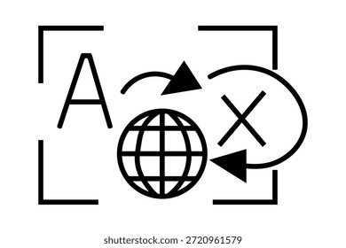 Esta ilustración representa la comunicación global y la traducción automatizada. La Imagen está enmarcada por cuatro soportes de esquina, similares a un visor de cámara o un área de escaneo digital.
