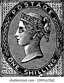 Esta ilustración representa la estampilla One Shilling Stamp de Gran Bretaña e Irlanda en 1856, dibujo vintage o ilustración grabadora.
