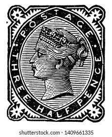 This illustration represents Great Britain and Ireland Three Half Pence Stamp from 1880 to 1881, vintage line drawing or engraving illustration.