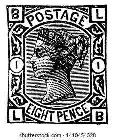 Esta ilustración representa el sello de ocho pinzas de Gran Bretaña e Irlanda de 1876 a 1877, dibujo de línea vintage o ilustración de grabado.