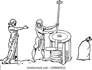 This illustration represents Grinding with a Hand mill which is used for grinding grain vintage line drawing or engraving illustration.