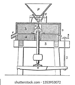 This illustration represents Grinding Mill which is a unit operation designed to break a solid material into smaller pieces, vintage line drawing or engraving illustration.