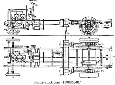 This illustration represents hallford Stevens Petrol Electric Vehicle Chassis with Two Back Motors, vintage line drawing or engraving illustration.