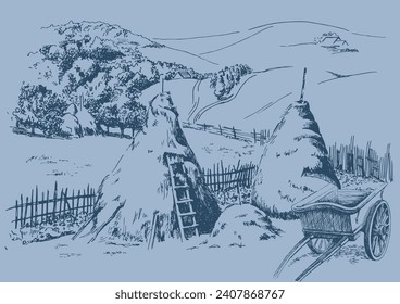 This illustration represents Hay Bales, vintage line drawing or engraving illustration.